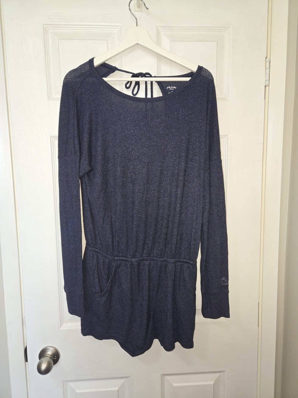 Cozy Navy Long-Sleeve Romper with Tie Back